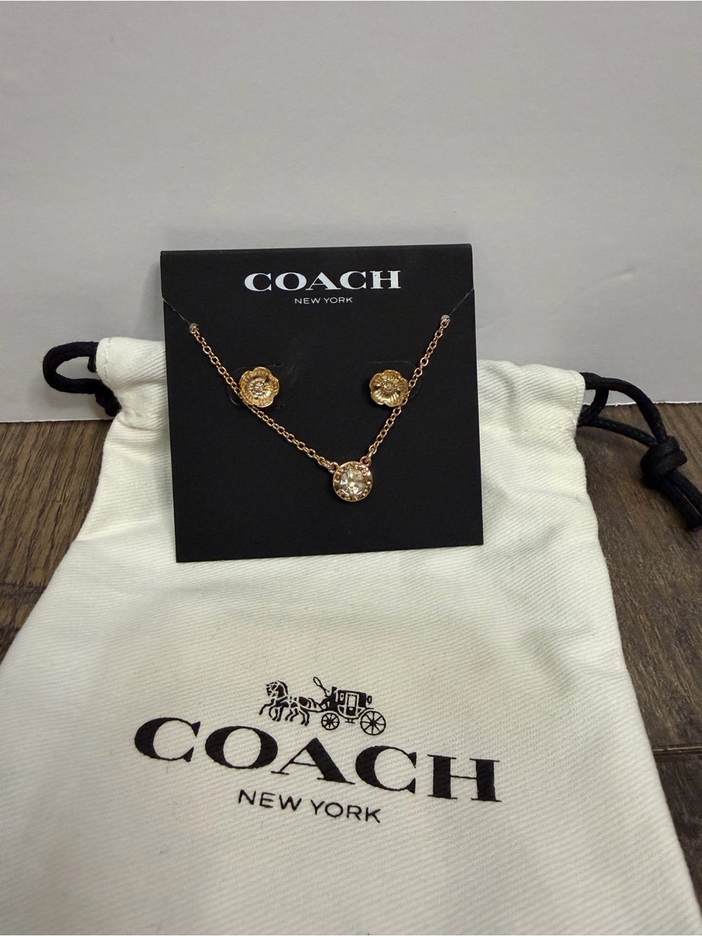 COACH Rose Gold Floral Pendant Necklace and Stud Earrings Set